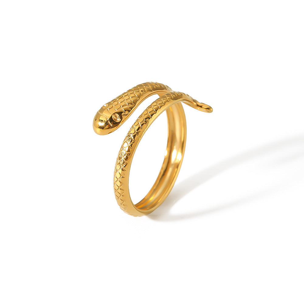 Anello aperto regolabile da donna in acciaio inossidabile placcato oro 18 carati con motivo a serpente testurizzato e cavo