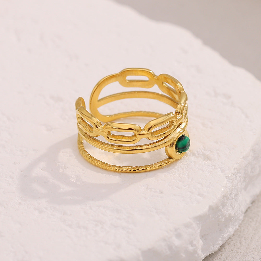 Anello da donna alla moda in acciaio inossidabile con design geometrico, placcatura in oro 18 carati e inserti in malachite