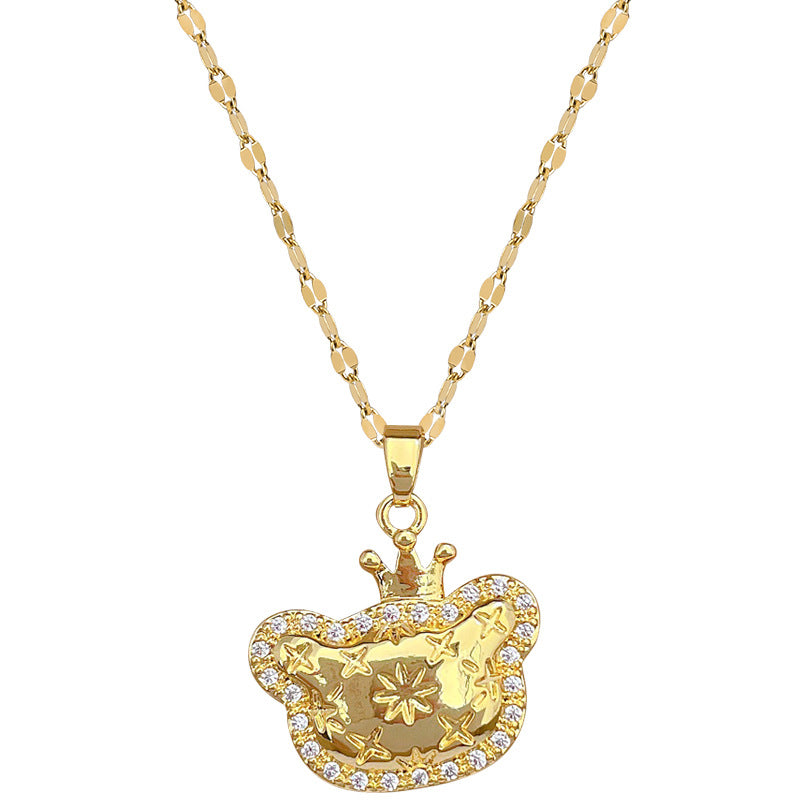 Elegant Crown Cat Pendant Necklace for Women Stainless Steel Snake Chain with Moon Motif Geometric Design