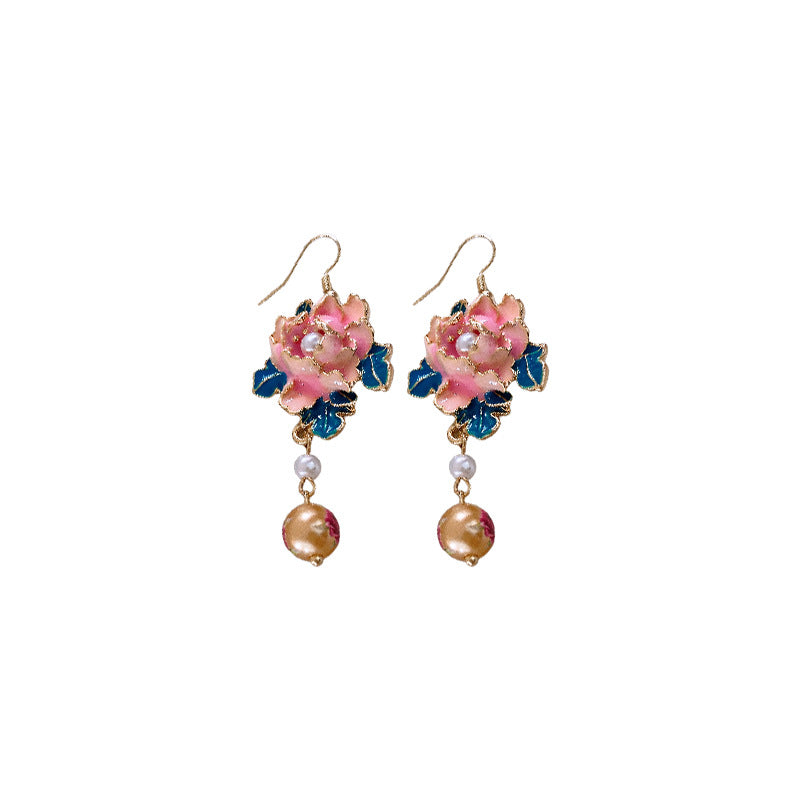 Pendientes colgantes de perlas florales estilo vintage chic con acabado esmaltado en aleación para mujer