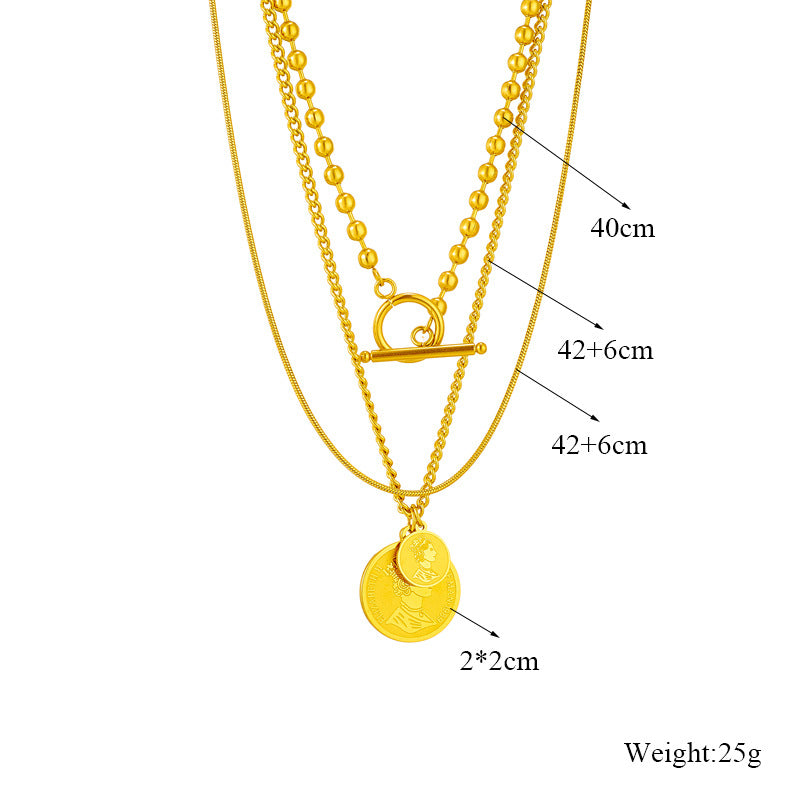 Collana vintage a sospensione multipla geometrica rotonda da donna con catena in acciaio al titanio e finitura placcata