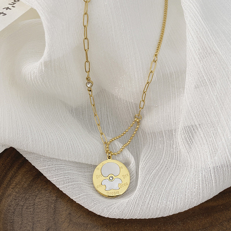 Minimalist Bear-Shaped Mother-of-Pearl and Titanium Steel Necklace for Women with Gold-Plated Accents, Delicate Clavicle Chain