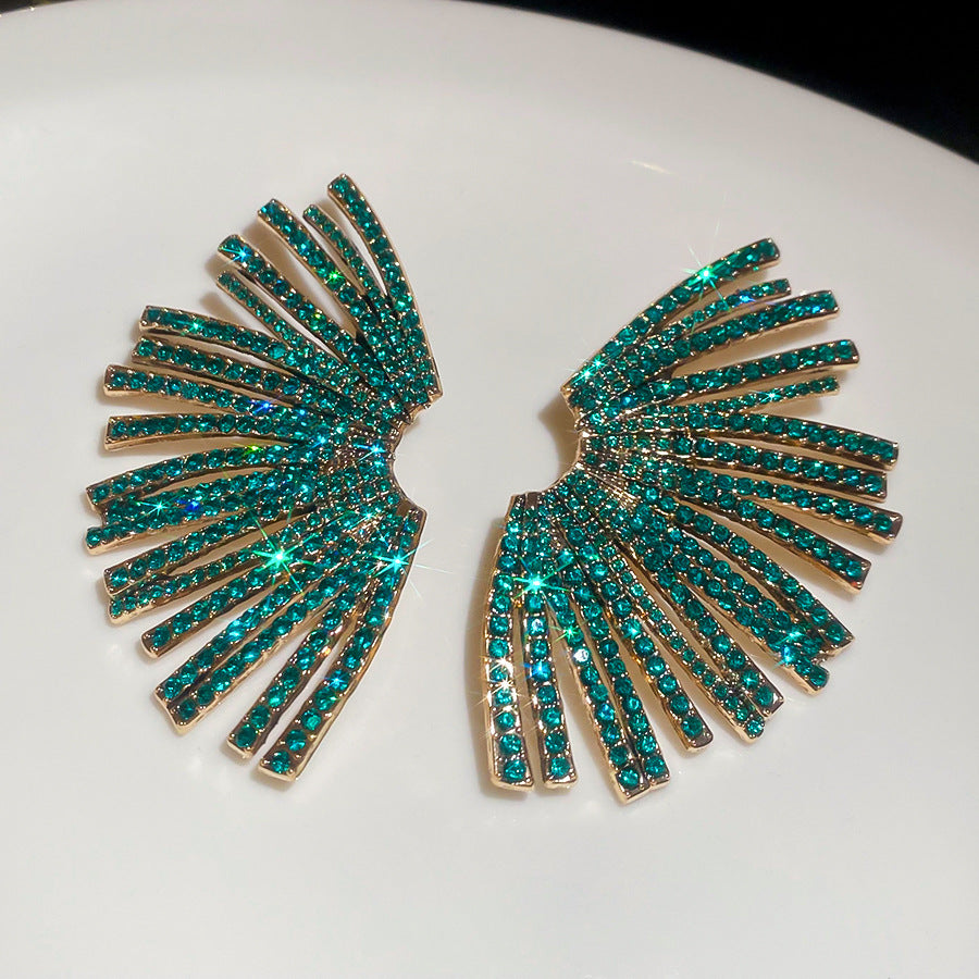 Geometric Fan-Shaped Alloy Stud Earrings with Rhinestone Inlay for Women, Fashionable and Stylish Design