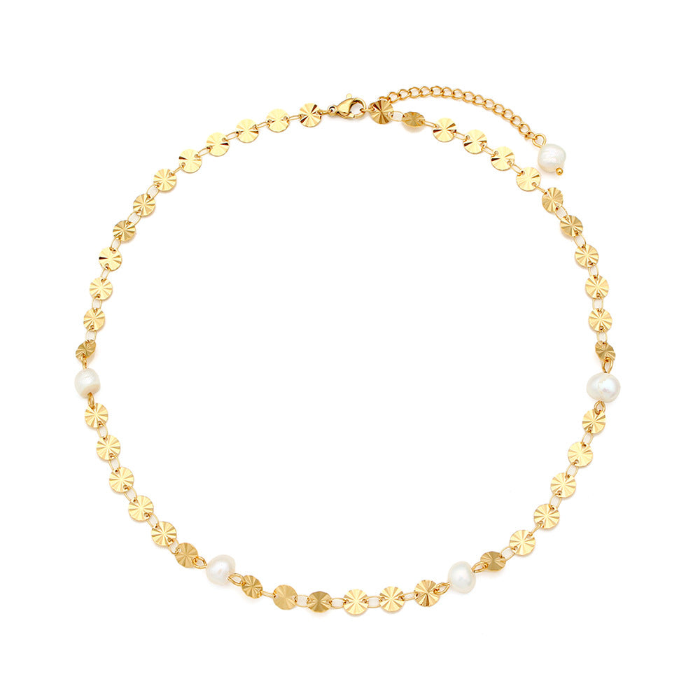 Fashionable Geometric Snowflake-Shaped Stainless Steel Plated Necklace with Freshwater Pearl for Women