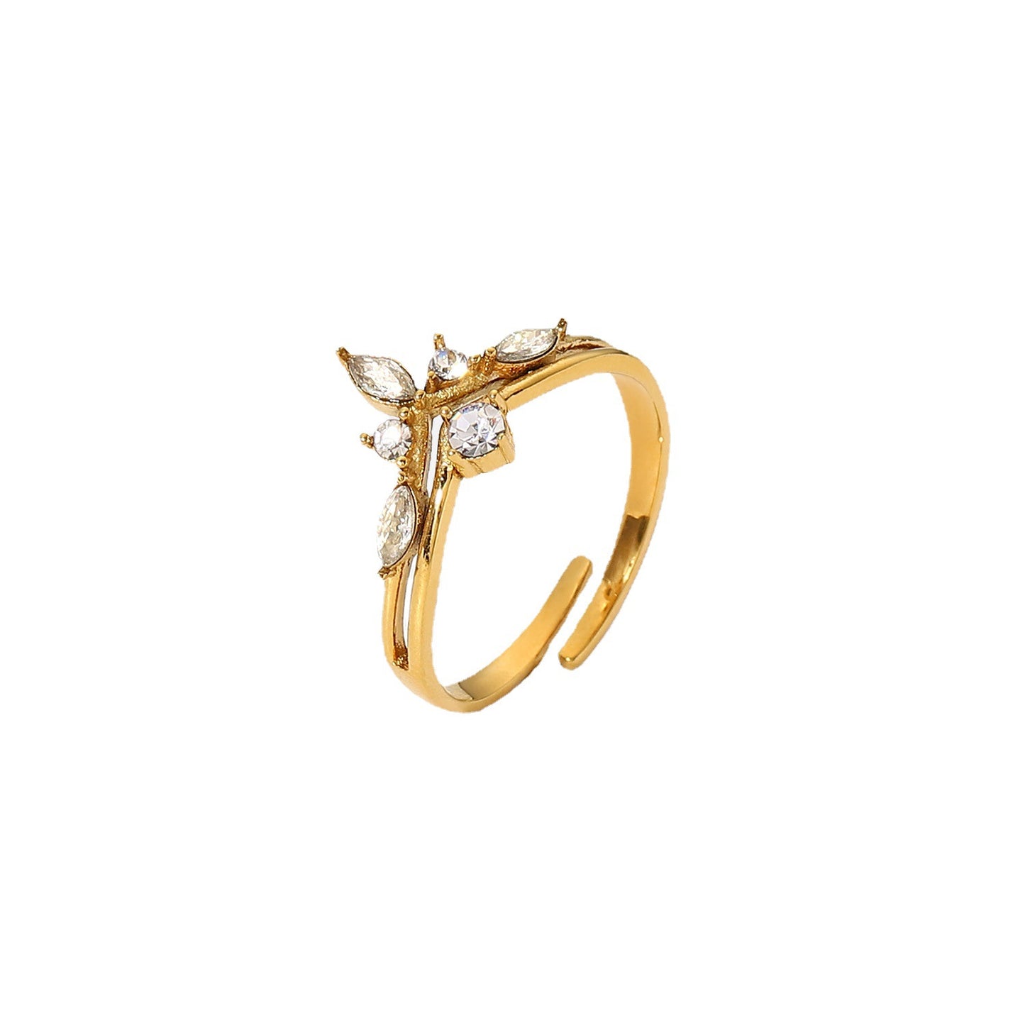 INS-Inspired Irregular Geometric Stainless Steel Ring with 18K Gold Plating and White Cubic Zirconia Inlay for Women