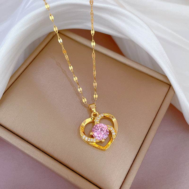 Collana geometrica di lusso Sweet Heart per donna in acciaio inossidabile con ciondolo strass Catena clavicola in acciaio al titanio