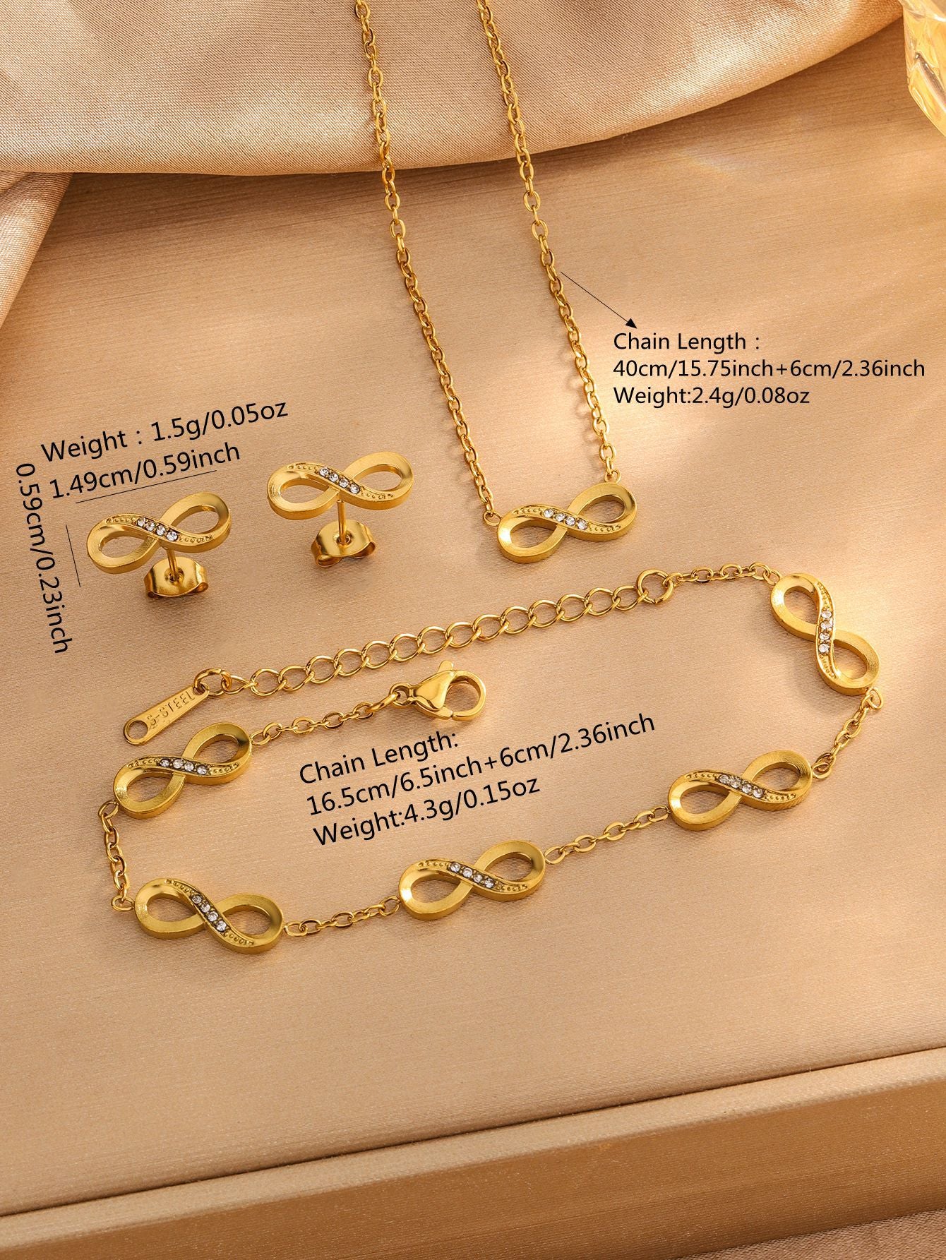 Set di gioielli da donna casual in acciaio inossidabile con simbolo dell'infinito, con collana, bracciale e orecchini con catena a cavo placcata