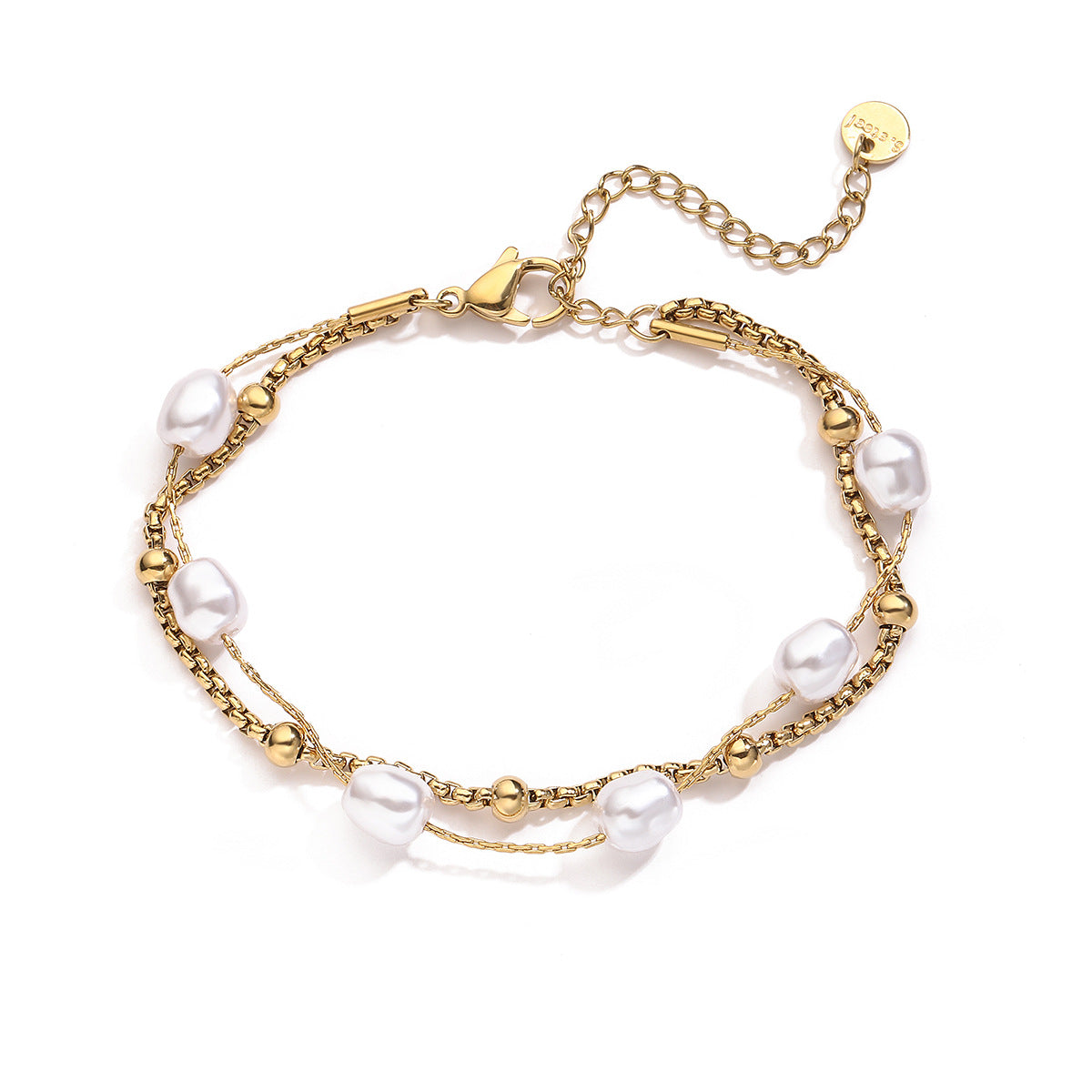 Minimalist Gold Plated Geometric Stainless Steel Bracelet with Pearl Irregular Double Layer Design for Women