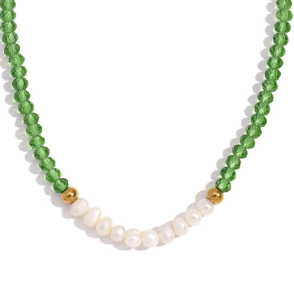 Minimalist Geometric Stainless Steel Pendant Necklace with Ten Freshwater Pearls and Green Faceted Crystals, Electroplated Finish