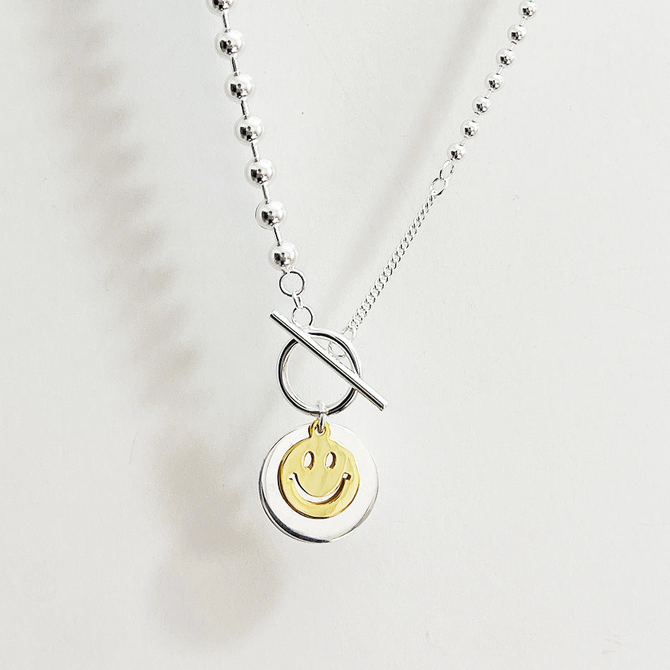 Collana con Ciondolo Rotondo Minimalista a Faccina Sorridente per Donna in Argento Sterling 925 con Catena di Perline