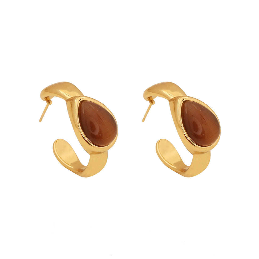 Fashionable OL Style C-Shaped Cat's Eye Drop Earrings in Stainless Steel with Plated Finish for Women