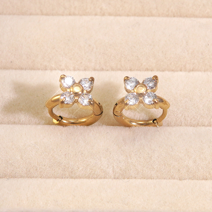 Minimalist Luxury Floral Stainless Steel Gold Plated Cubic Zirconia Stud Earrings for Women