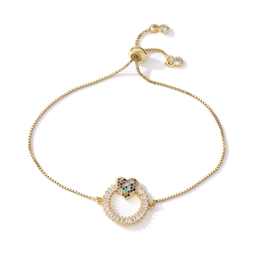 Gold Plated Geometric Brass Box Chain Bracelet with Micro-Inlaid Cubic Zirconia for Women