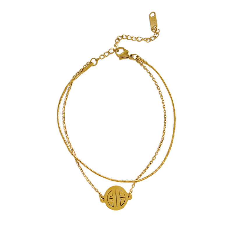 Gold Plated Titanium Steel Fu Character Double Layer Bracelet