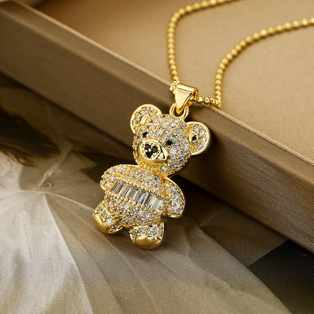 Collana Pendente Minimalista a Forma di Orso in Rame Placcato Oro 18K con Dettagli in Zircone per Donne