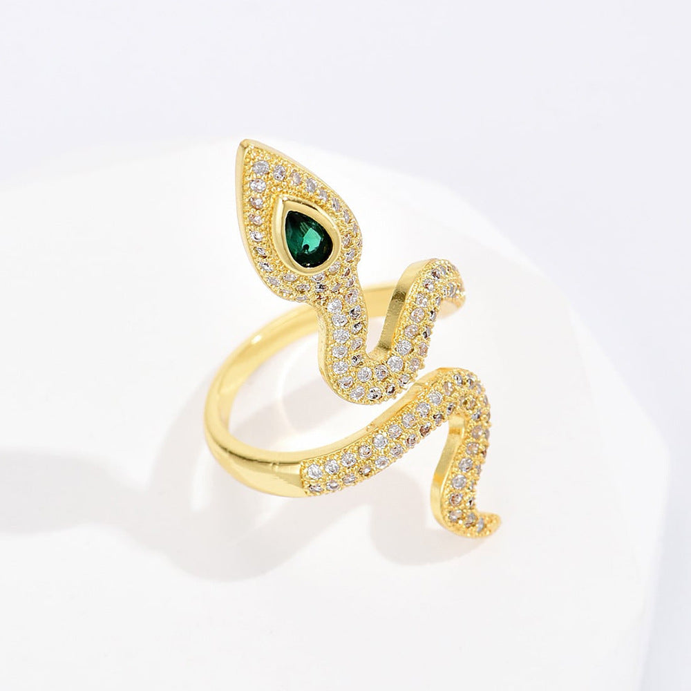 Geometric Snake-Shaped Copper Ring with 18K Gold Plating and Zircon Inlay for Women