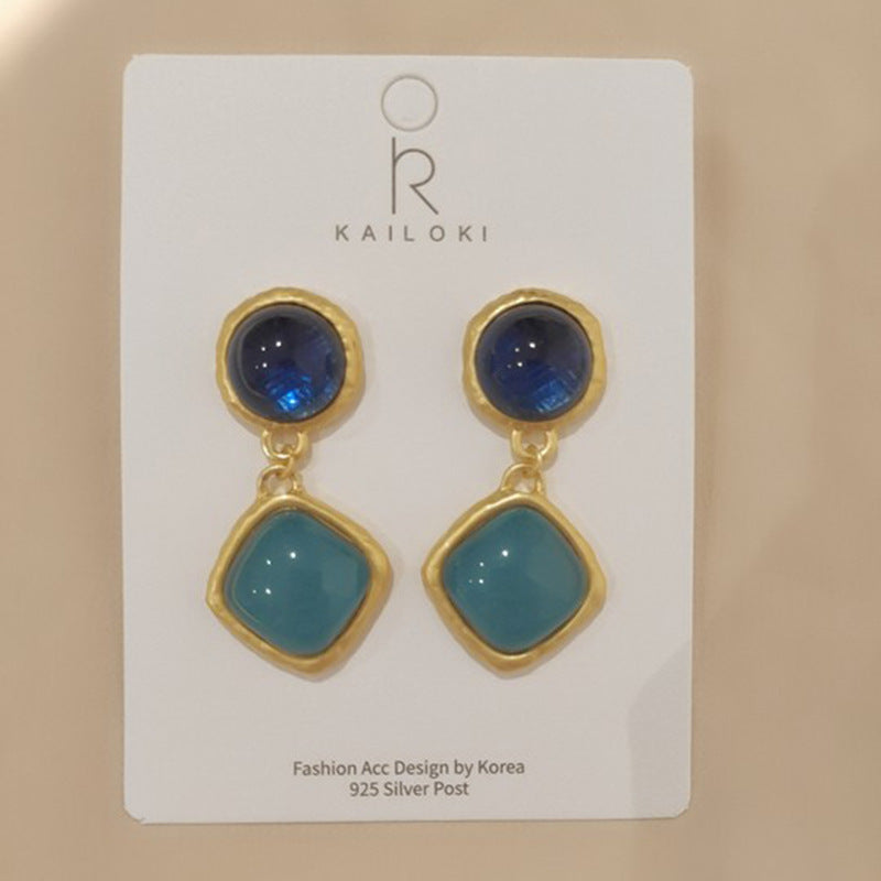 Pendientes de Ángel Retro Artísticos Ovalados con Incrustaciones de Pedrería para Mujer con Base de Cobre y Diseño Geométrico
