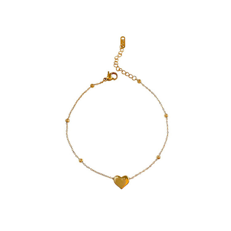 Minimalist Geometric Titanium Steel Anklet for Women with Round Beads and Heart Charm