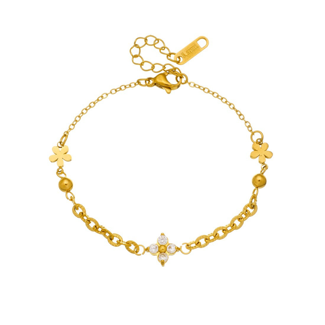 Minimalist Elegant Gold Plated Stainless Steel Rhinestone Floral Bracelet