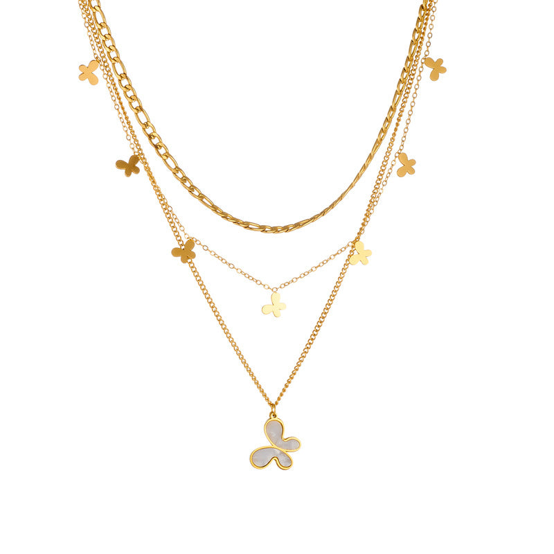 Fashion Layered Stainless Steel Plated Butterfly Shell Pendant Necklace for Women