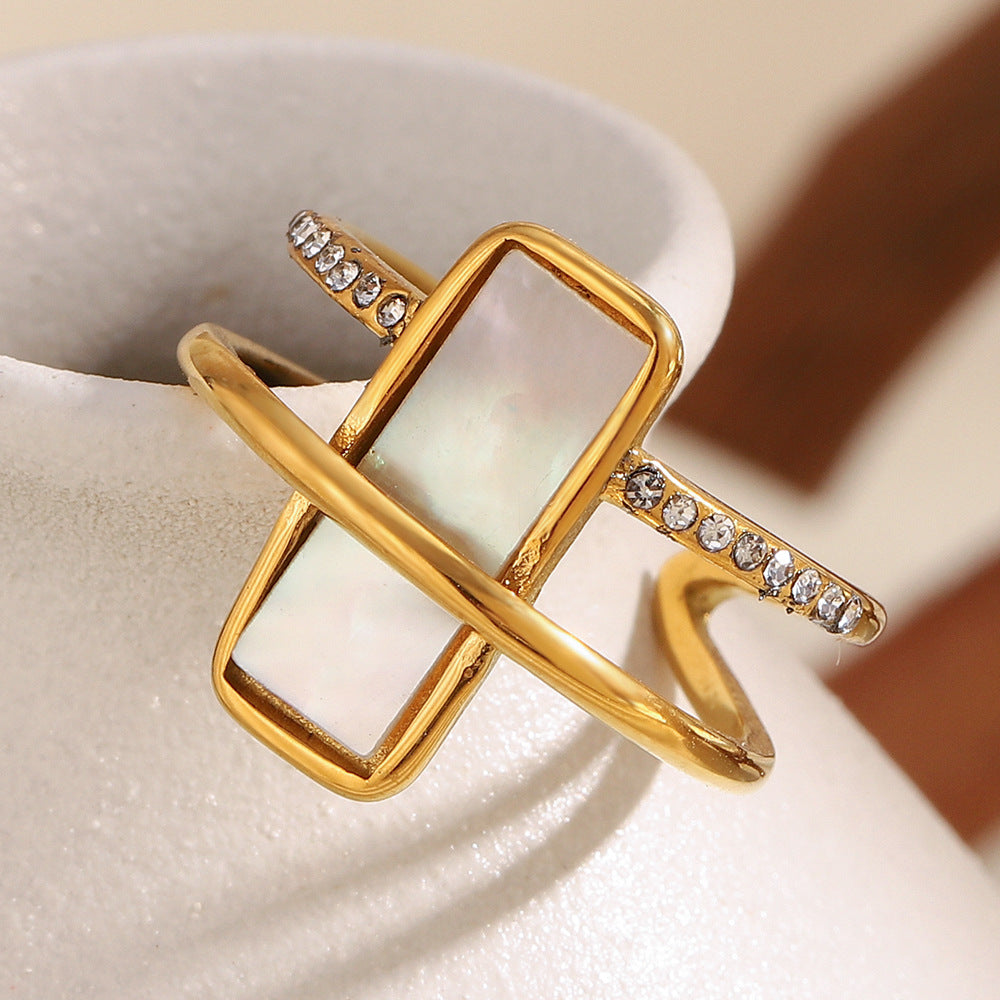 Minimalist Geometric Stainless Steel Ring with 18K Gold Plating White Abalone Inlay and Rhinestone Accents for Women