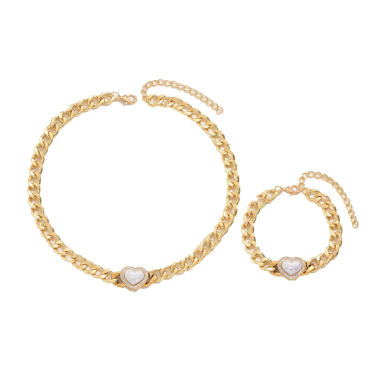 Set collana e braccialetto in lega a forma di cuore alla moda con intarsio di strass per donna