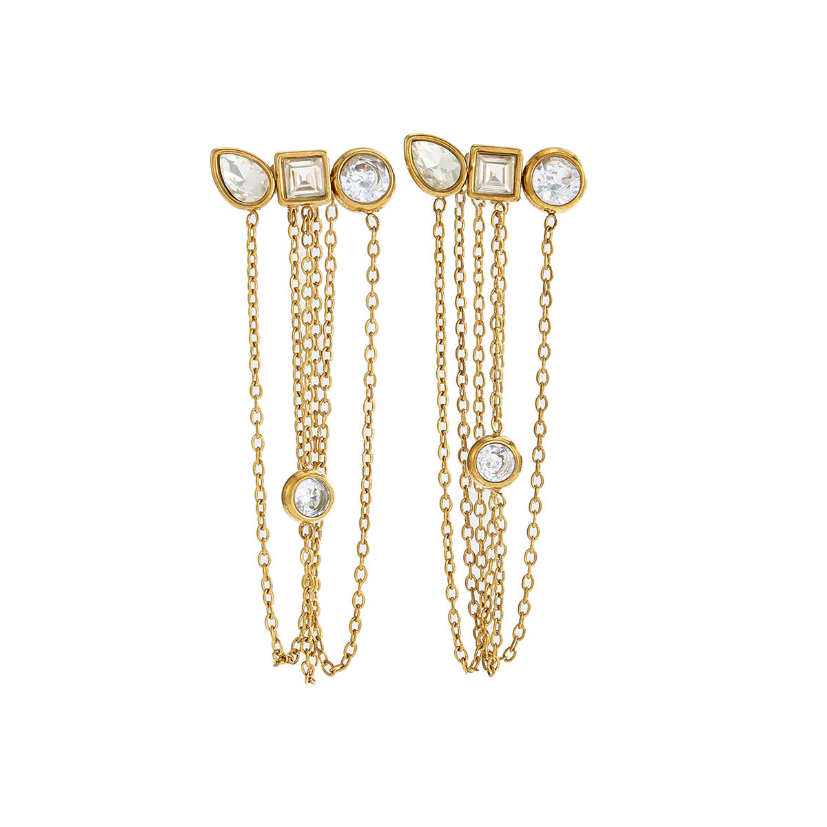Sweet Geometric Teardrop Rhinestone PVD Plated Stainless Steel Earrings with Multi-layer Chain Tassel