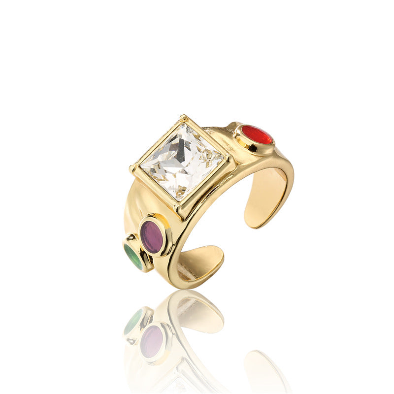 Bohemian Style Geometric Shaped Copper Ring with Micro-Pave Zirconia and 18K Gold Plating for Women