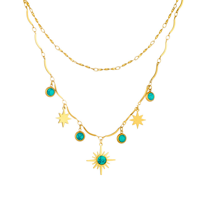 Vintage Bohemian Eight-Pointed Star Plated Stainless Steel Double Layer Necklace for Women