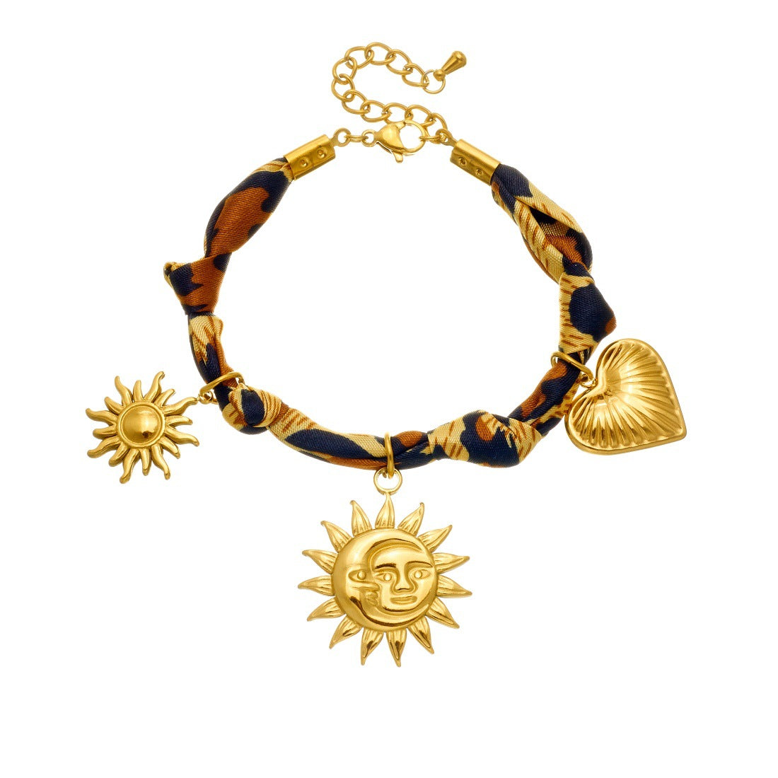 Bohemian Vintage Gold Plated Stainless Steel Leopard Print Heart Pendant Bracelet with Sun Element