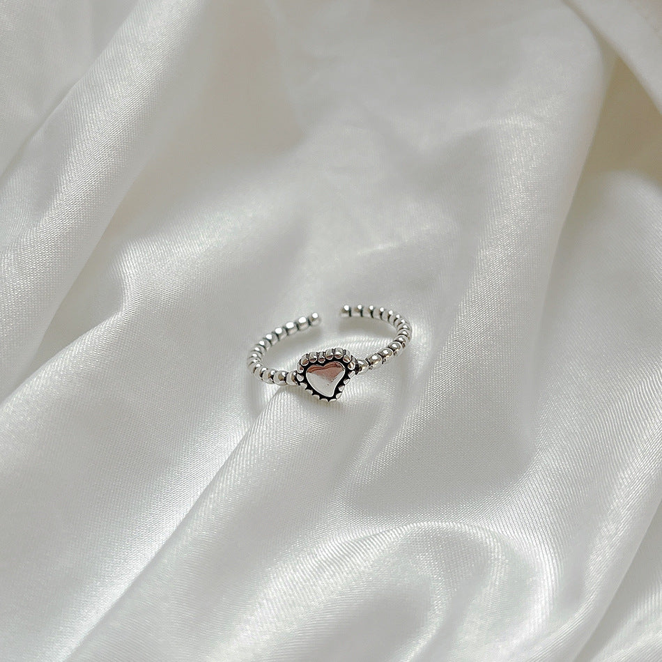 Anillo abierto de plata de ley 925 con corazón rústico vintage para mujer
