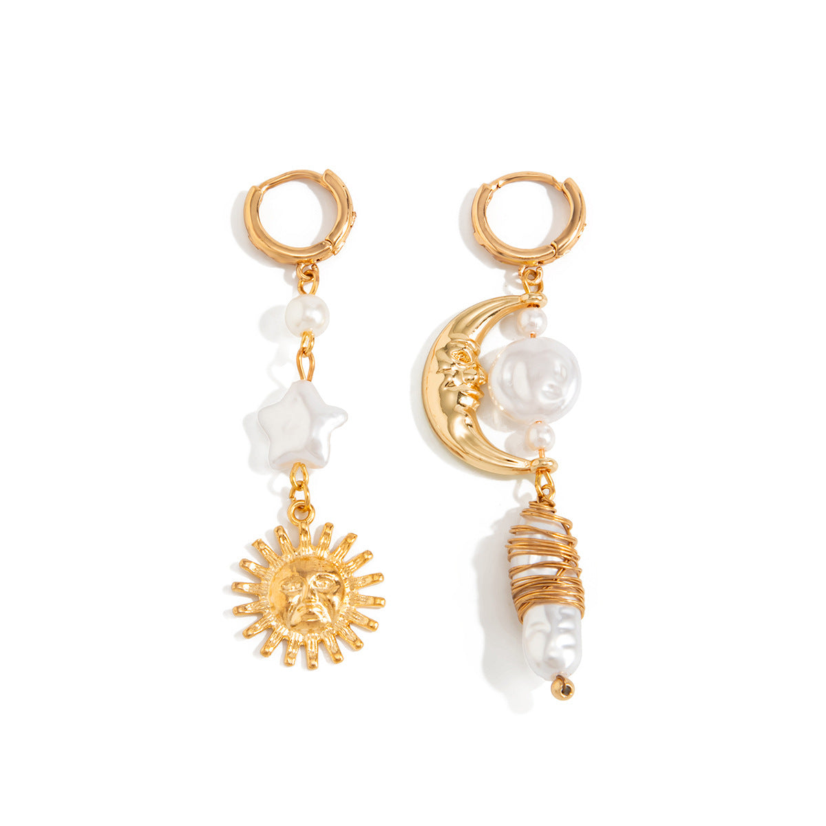 Vintage Moon Star Pearl Zinc Alloy Plated Earrings for Women