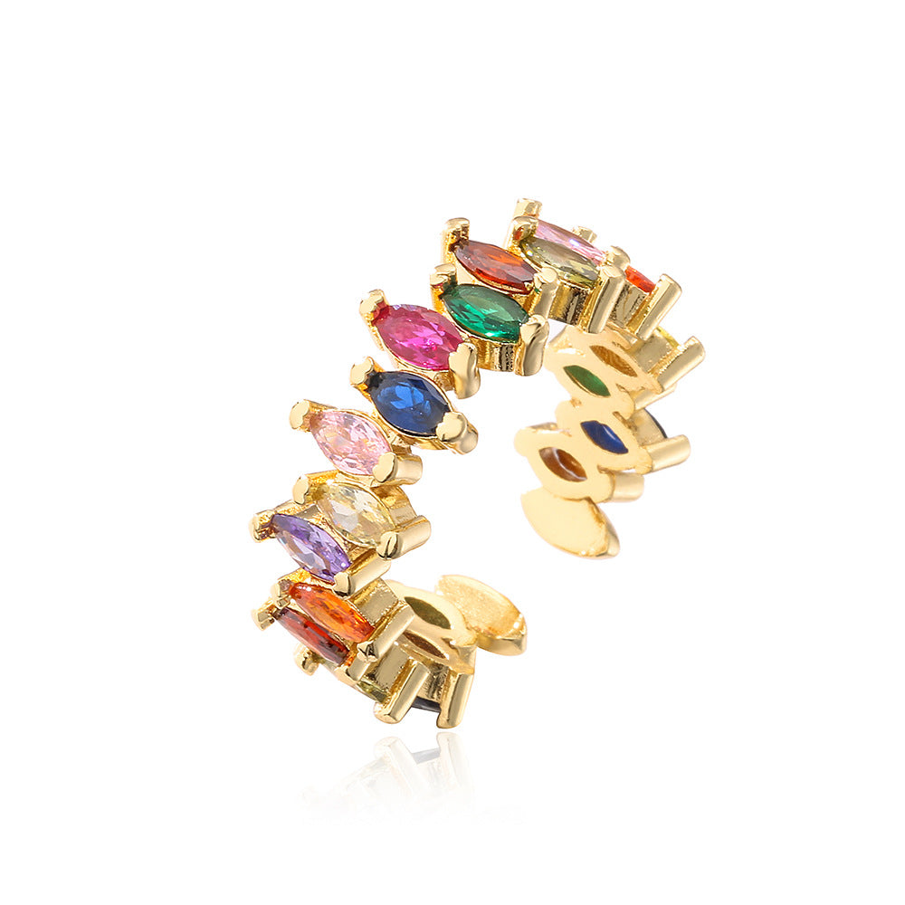 Anello Aperto Geometrico Minimalista da Donna Realizzato in Ottone con Placcatura in Oro Vero e Dettagli in Zirconia Micro-Pavé