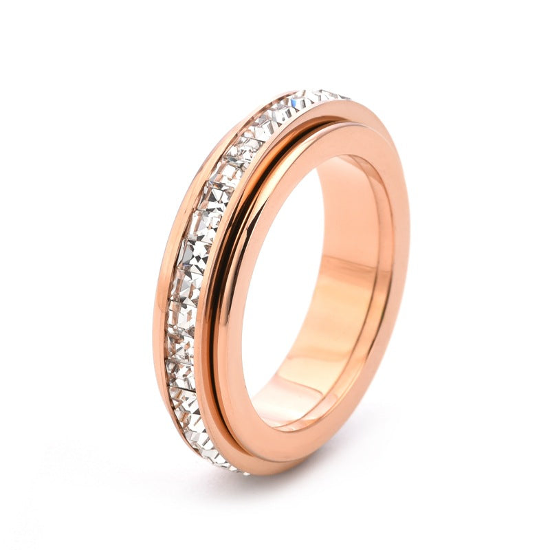Anello girevole a doppia fascia in acciaio al titanio con zirconi cubici quadrati, design geometrico, anello alla moda per l'ufficio, per coppie