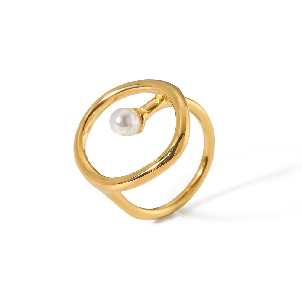 Anello da donna con perle, motivo geometrico, ispirazione vintage, in acciaio inossidabile placcato oro 18 carati