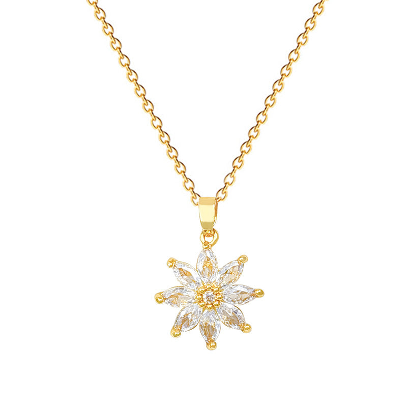 Sweet Minimalist Floral Rhinestone Pendant Titanium Steel Necklace for Unisex