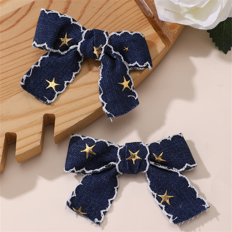 Retro Star Denim Bow Duckbill Hair Clip for Girls with Ruffled and Mesh Details