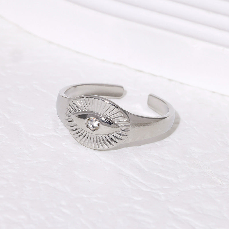 Vintage-Style Evil Eye Stainless Steel Ring with Rhinestone Inlay, Adjustable Band, Minimalist Fashion Accessory for Women