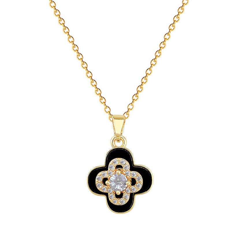 Sweet Minimalist Geometric Rhinestone Rotating Clover Necklace Titanium Steel Cable Chain for Unisex