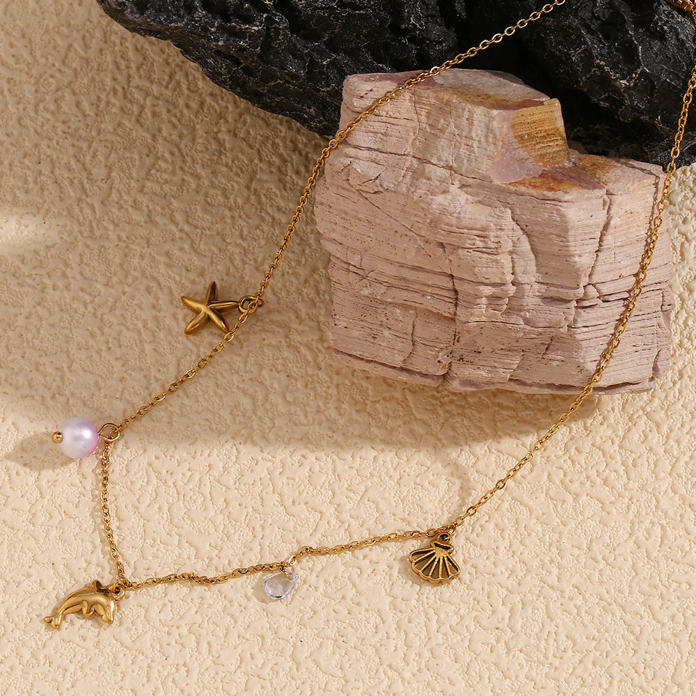 Collar con Colgante de Acero Inoxidable de Inspiración Marina Vintage con Abalorios de Estrella de Mar y Delfín, Chapado en Oro de 18K, Accesorio de Moda Femenina