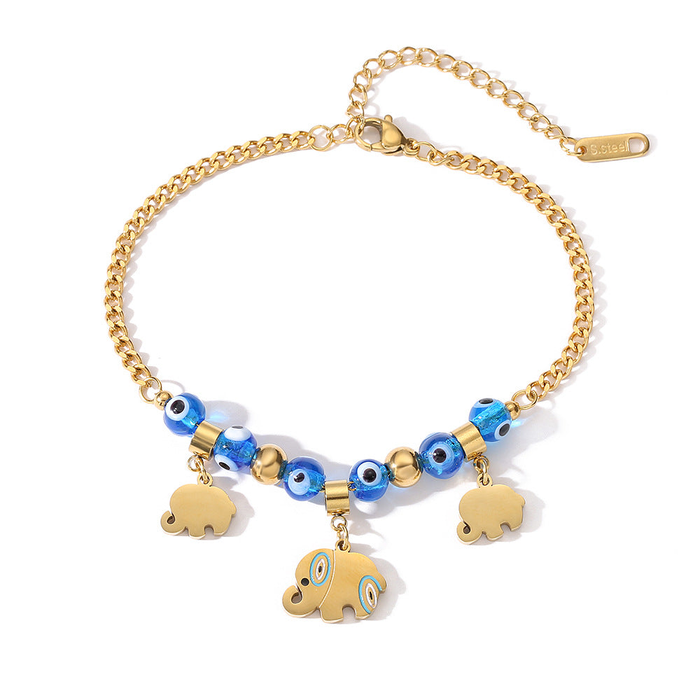 Bracciale Minimalista con Occhio di Elefante e Perline da Donna in Acciaio al Titanio con Incassatura Micro-Pave e Design Geometrico Irregolare