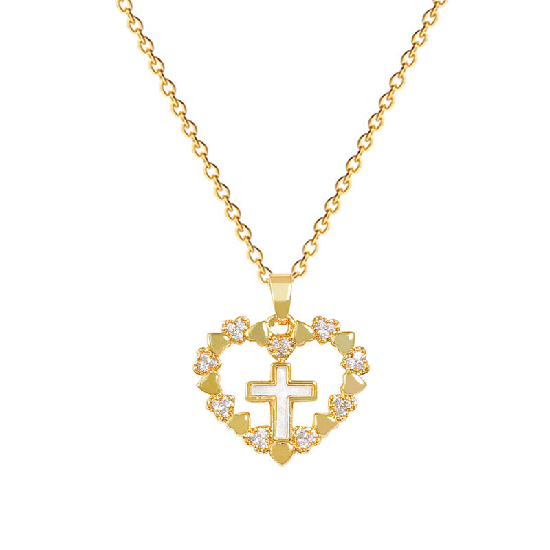 Collana con ciondolo a croce e cuore minimalista in acciaio al titanio con intarsio di strass per donna e unisex
