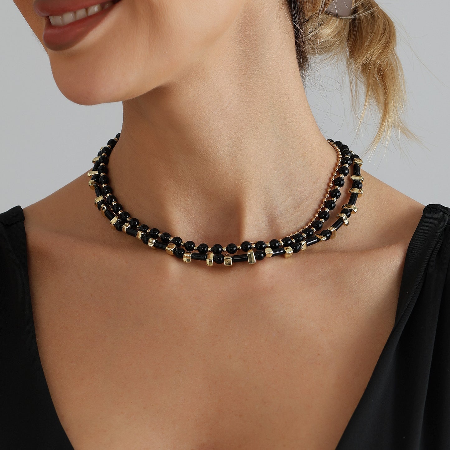 Vintage Black Gold Geometric Heart Alloy Layered Necklace for Women