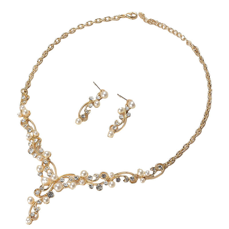 Bohemian Vintage Floral Alloy Plated Pearl Rhinestone Necklace and Earring Set for Women