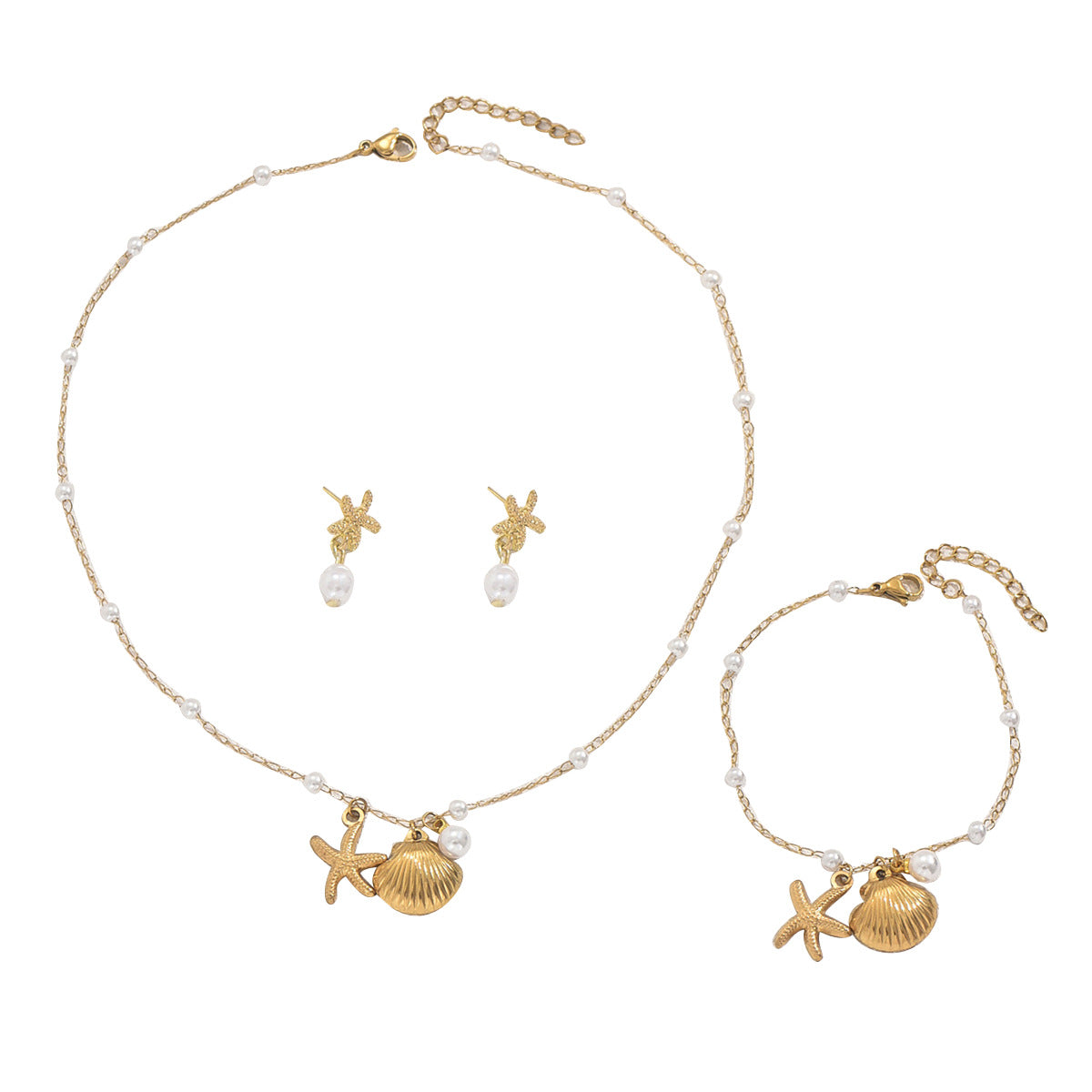 Conjunto de pendientes, pulsera y collar de mujer de conchas y perlas inspirado en el océano, con motivo de estrellas de mar y artesanía incrustada