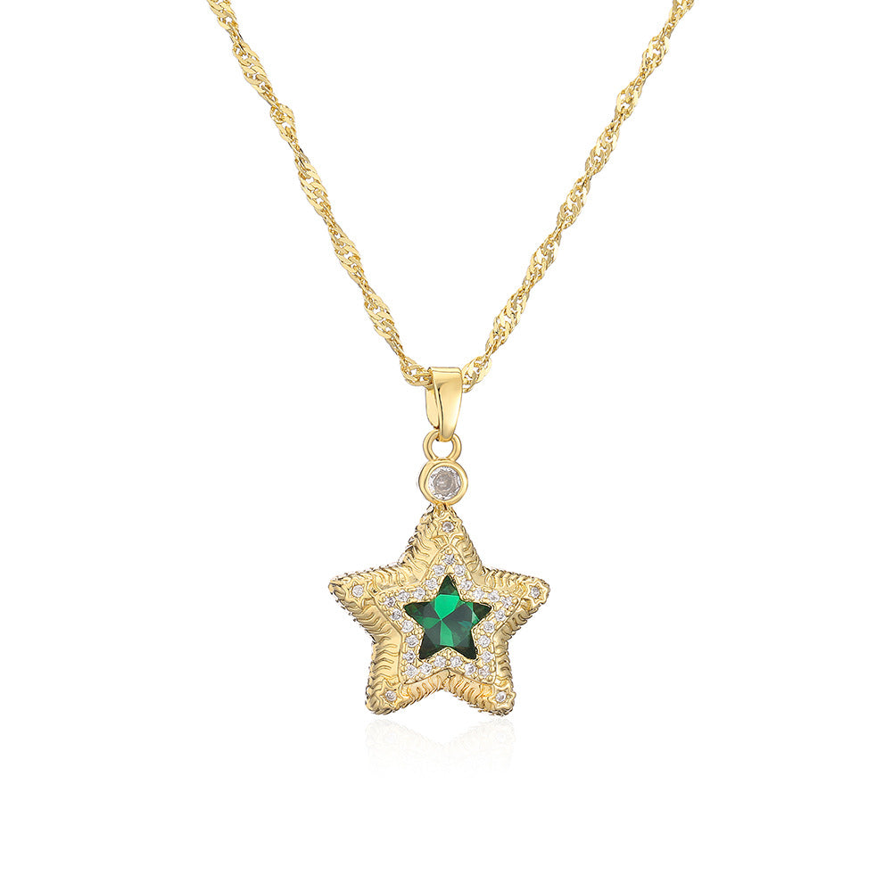 Elegante collana con pendente a stella a cinque punte a forma di goccia d'acqua da donna, in ottone placcato oro vero e intarsiato con zirconi