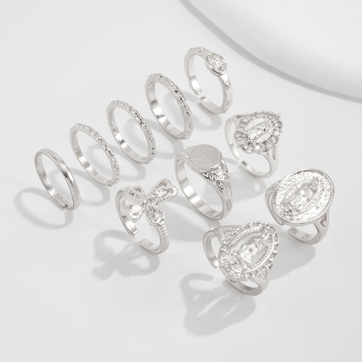 Luxury Rhinestone Inlaid Geometric Cross Zinc Alloy Ring Set for Women