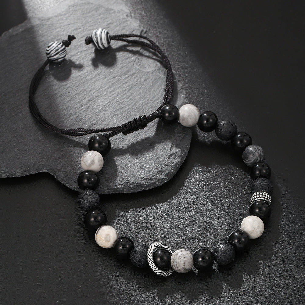 Adjustable Beaded Bracelet for Women with Natural Lava Stone Beads 8mm and 10mm in Geometric Shape, Copper-Plated with Zircon Inlay, Fashionable Office-Ready Design
