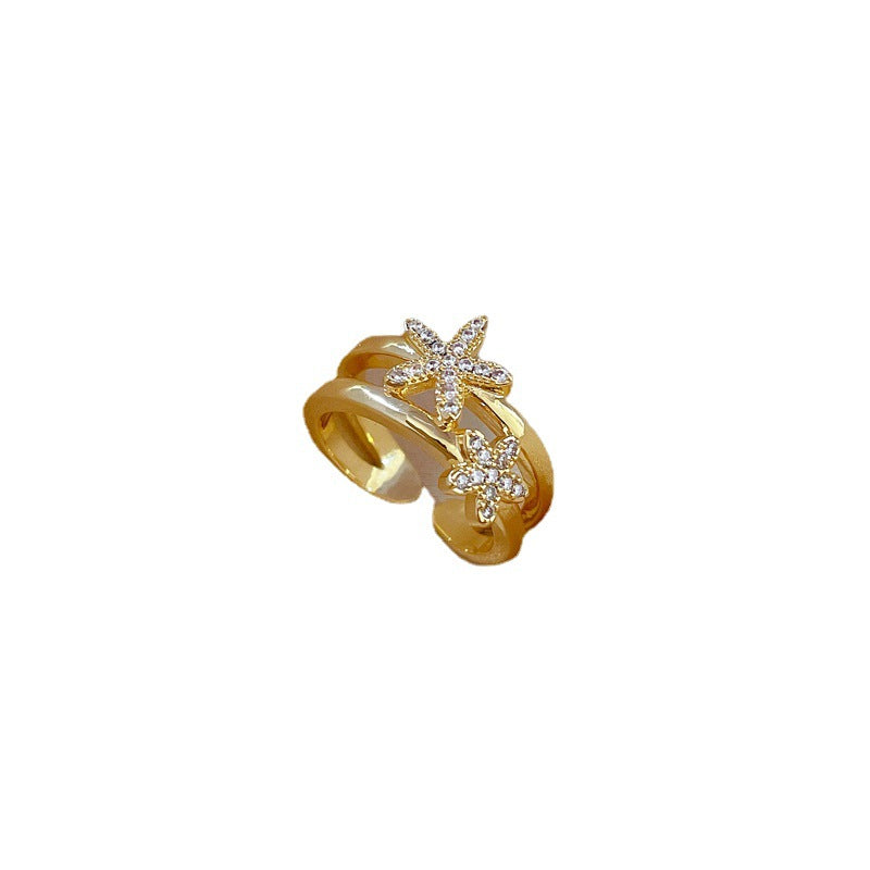 Minimalist Sweet Gold Plated Starfish Crown Micro-set Cubic Zirconia Brass Ring for Women