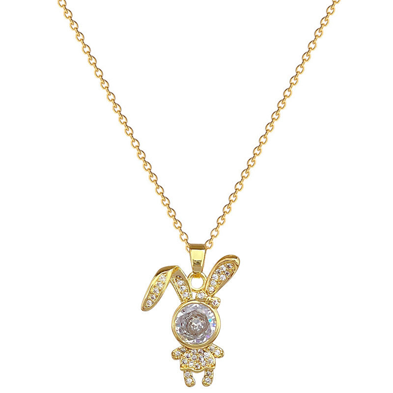Collar con colgante minimalista de conejo en acero de titanio con detalles de circonita cúbica, delicada cadena a la clavícula para mujer y hombre